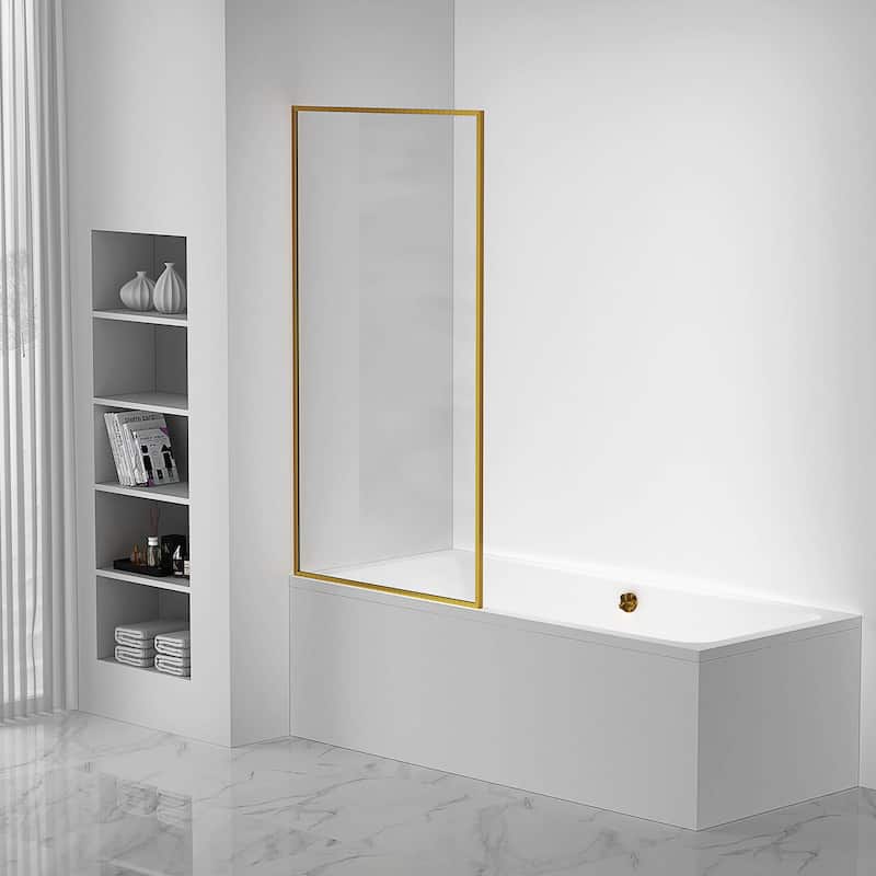 Full Frame Fixed Tub Clear Tempered Shower Glass Panel - 34 Inch - Satin Brass