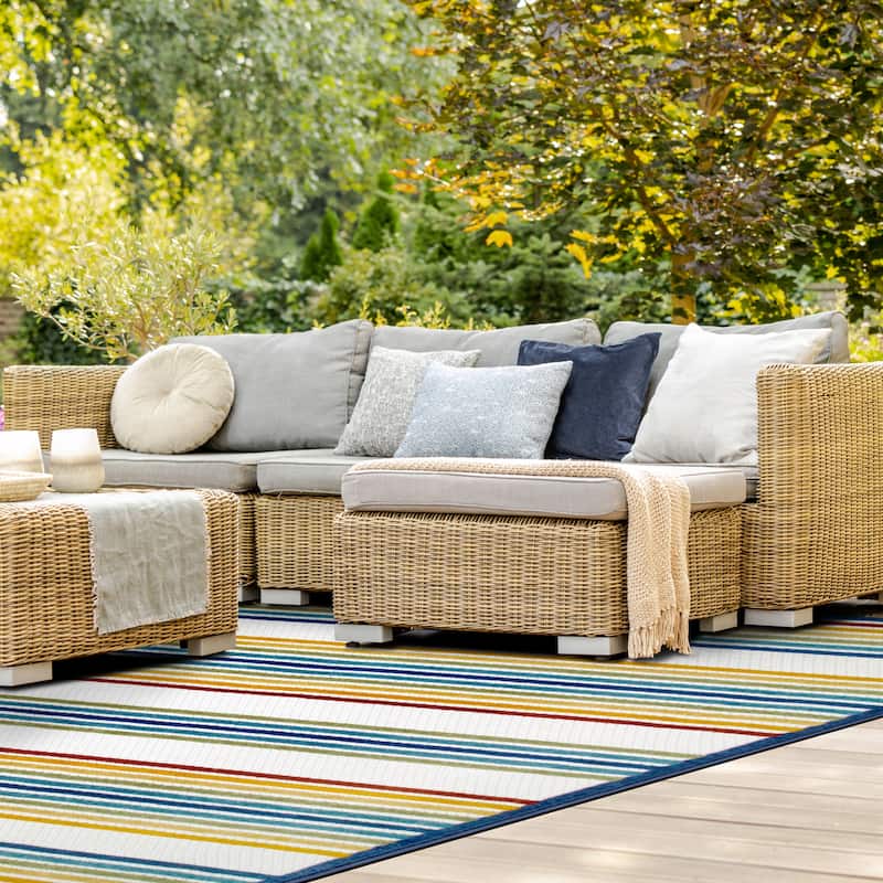 Leick Home Blithe Colorful Line Outdoor Area Rug Rectangle 5'X8' With Non-Slip Rug Pad