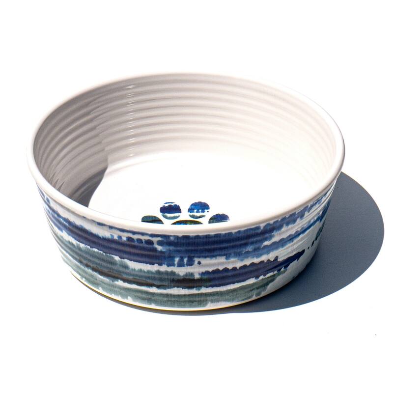 Abode Homewares Tie Dye Paw Print Melamine Pet Bowl - Medium - 4 Cups - Blue - Set of 2