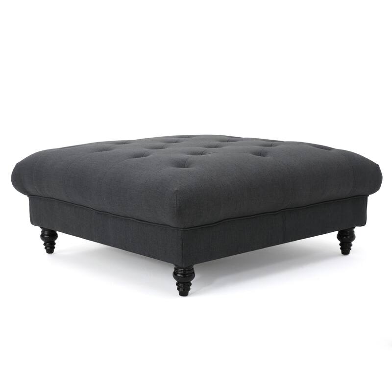 Capri Ottoman, Tufted Dark Gray Fabric, Birch Wood, Square 41 Inch