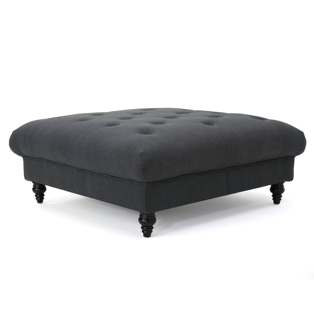 Capri Ottoman, Tufted Dark Gray Fabric, Birch Wood, Square 41 Inch