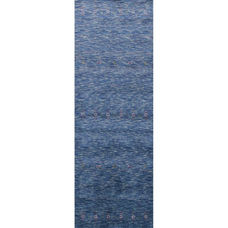 Hand Knotted Oriental 100% Wool Carpet Tribal Tribal Navy Blue & Blues Gabbeh Runner Rug - 9' 10'' X 2' 7''