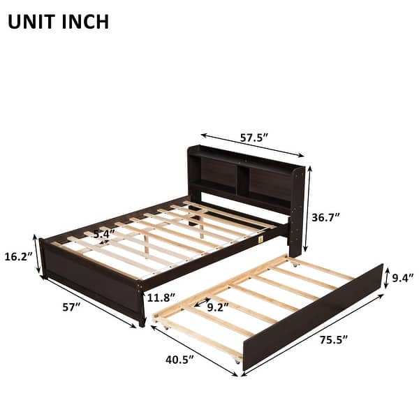 Full Size Bed with Pull-Out Trundle and Built-In Bookcase Headboard, Pine Wood Frame with Sturdy Slats