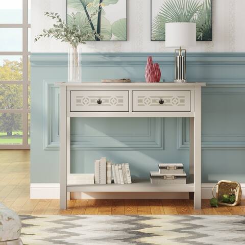Console Table with Hollow-out Decoration Two Top Drawers and Open Shelf Large Storage Space