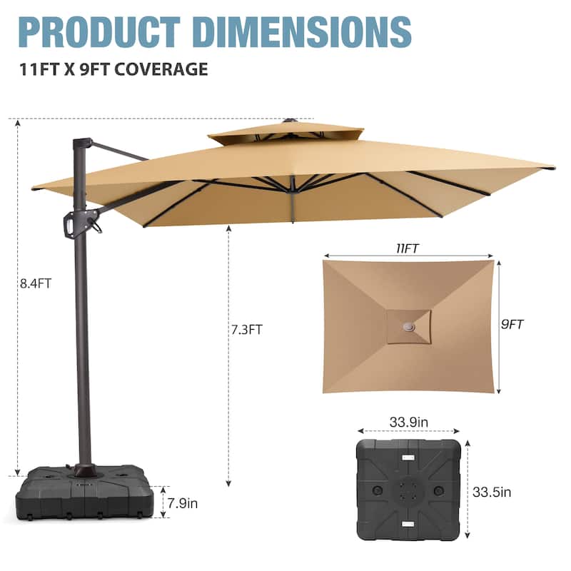 VredHom Patio Outdoor 9 x 11 FT Double Top Cantilever-Offset Umbrella with HDPE Wheel Base