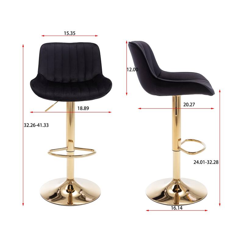 2 Velvet Bar Stools with Chrome Footrest and Base Swivel Height Adjustable - N/A