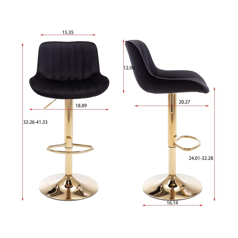 Velvet Bar Stools Set of 2, Swivel Bar Stools with Adjustable Height, Kitchen Island Stools with Footrest and Golden Leg