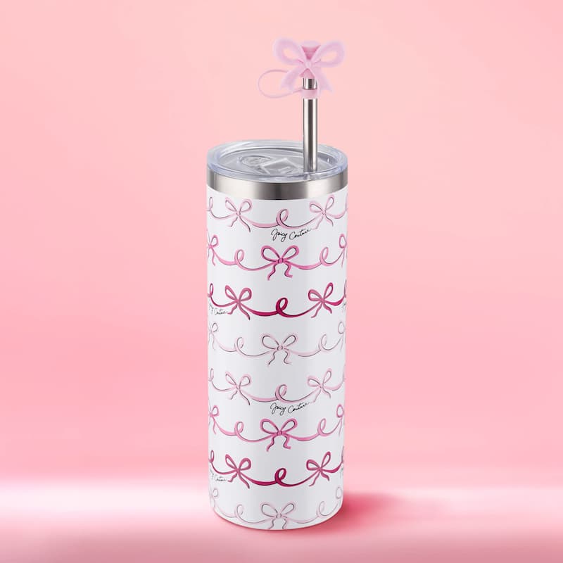 Juicy Couture Glam Slip Hydration Stainless Steel Tumbler with Straw Topper - 24oz - Pink Doodle Bows