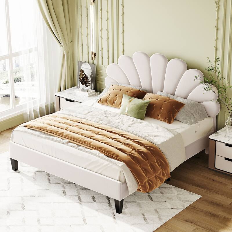 Queen Size Upholstered Platform Bed with Flower Pattern Velvet Headboard,No Box Spring Required - Beige