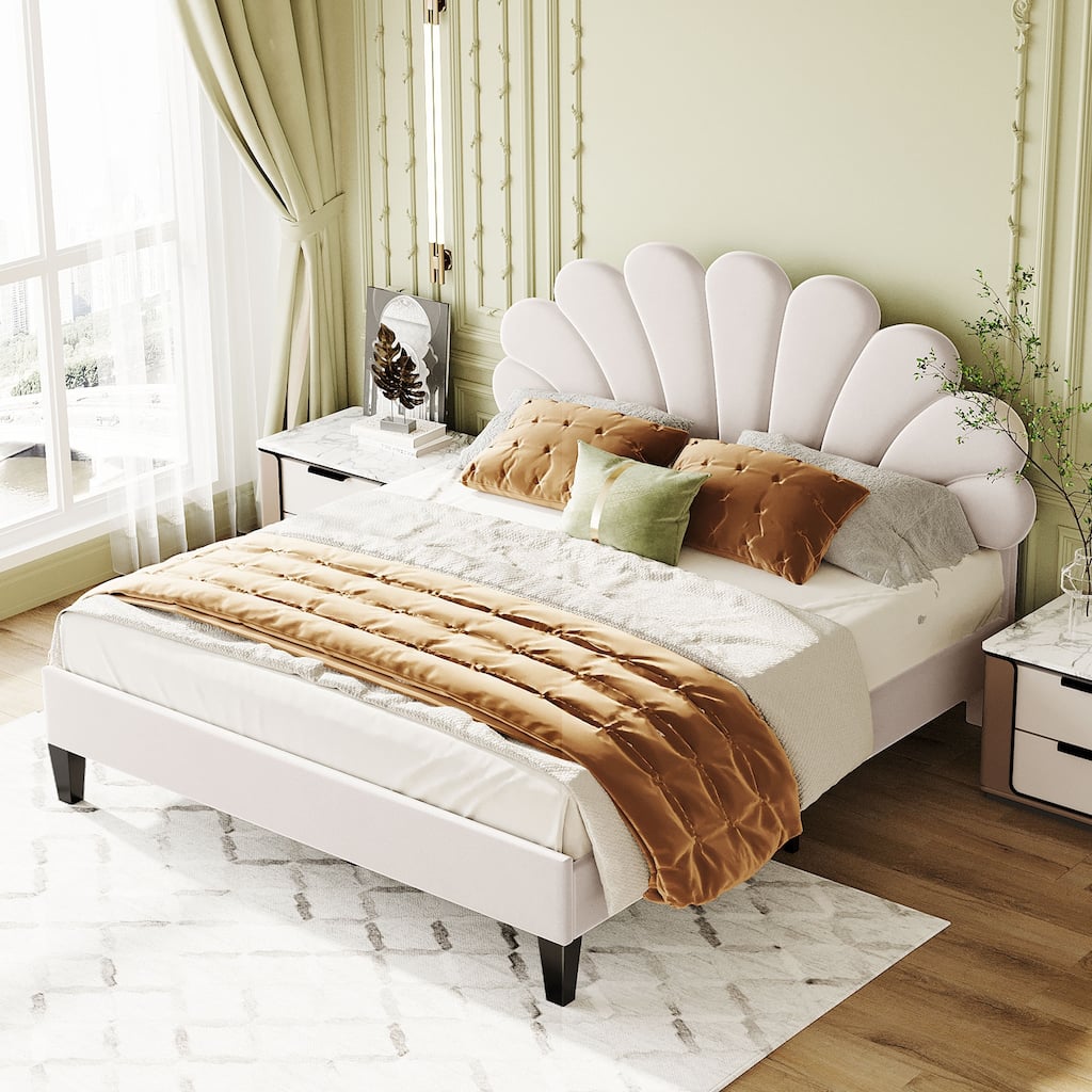 Queen Size Upholstered Platform Bed with Flower Pattern Velvet Headboard,No Box Spring Required