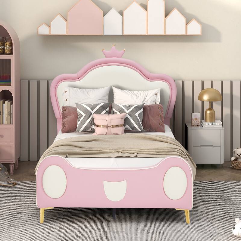 Twin Size Princess Bed with Crown Headboard, PU Upholstered Platform Bed, Bed Frame with Storage Pocket, Pink - Pink