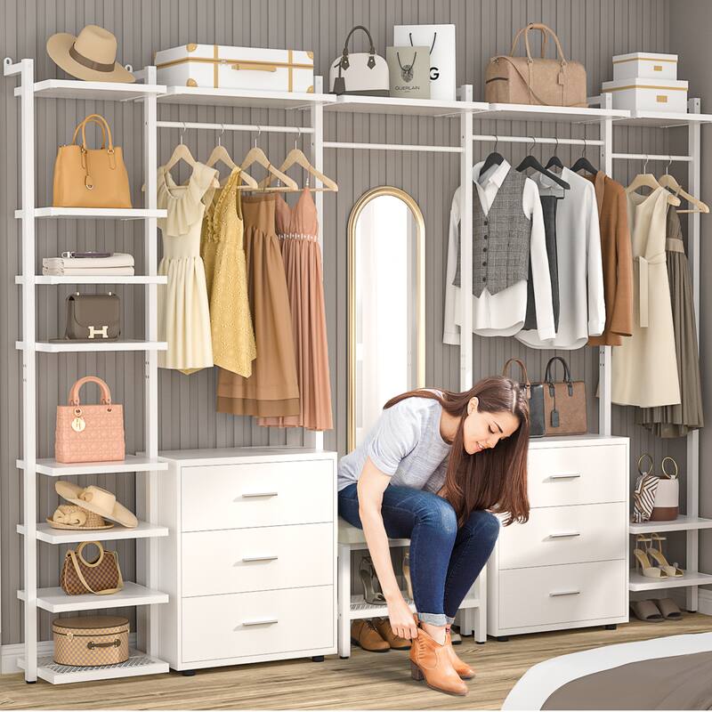 96'' Closet Organizer System with 6 Drawers, Clothing Rack Wardrobe Closet Garment Rack for Walk In Closets