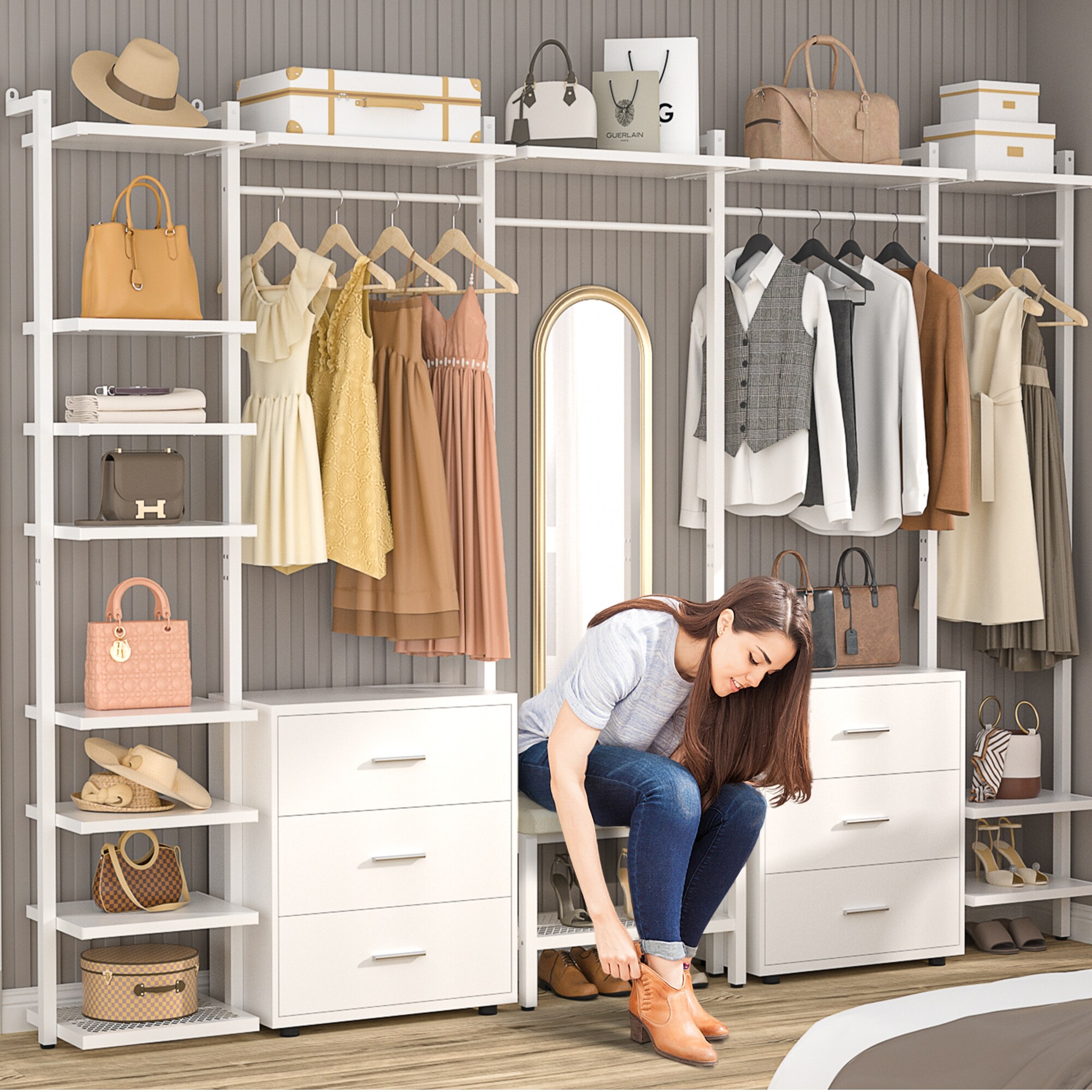 衣服棚 96'' Closet System with 6 Closet Drawers, Sturdy Closet Organizer