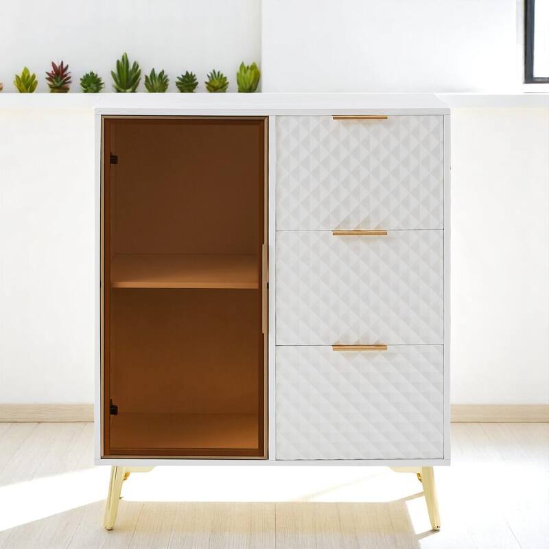 Accent Cabinet with 3 Drawers and 2 Glass Shelve,Tempered Glass Doors & Metal Legs,Storage Sideboard for Living Room or Entryway