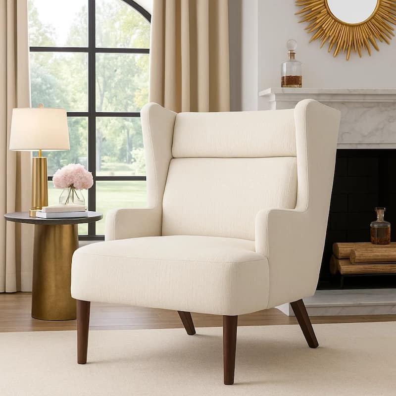 Joen Accent Chair, High Wing Backrest, Beige Chenille, Wood Legs