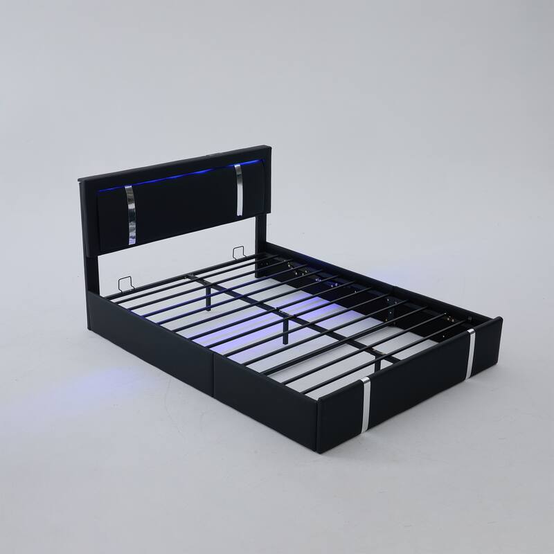 Queen Bed Frame with Adjustable LED Lights Headboard, USB-C Charging Ports, Upholstered Platform Bed, Metal Slats Support