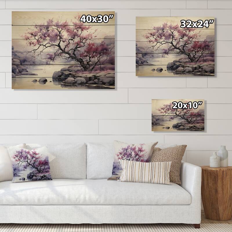 Designart "Purple Tree Dusk Symphony Landscape II" Landscape Trees Print on Natural Pine Wood