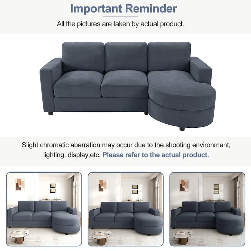 L-Shape Sectional Sofa with Curved Chaise Lounge, Chenille Fabric 3 Seater Sofa with USB Ports & Storage Pockets