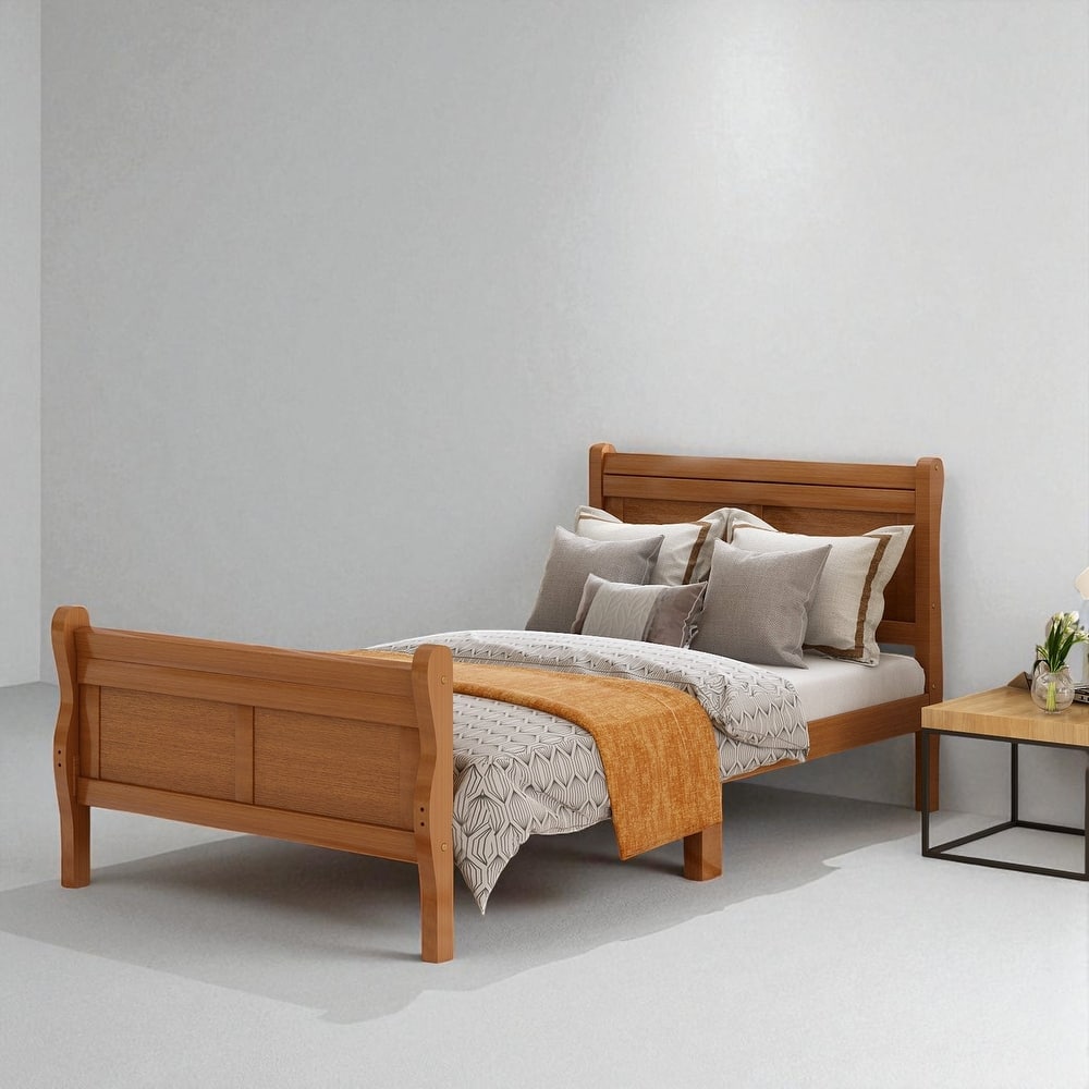 Twin Size Wood Platform Bed Frame with Slat Support, Sleigh Headboard and Footboard, No Box Spring Needed