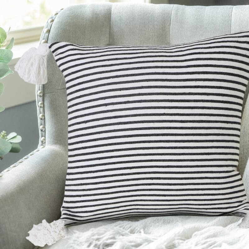 Handwoven Striped Square Throw Pillow with Tassels - 20" - Black and White