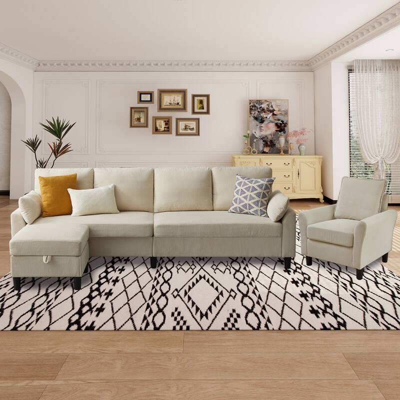 101"Corduroy 3 Piece Living Room Set Including 4 Seater Sofa ,Storage Ottoman and Chair - Beige