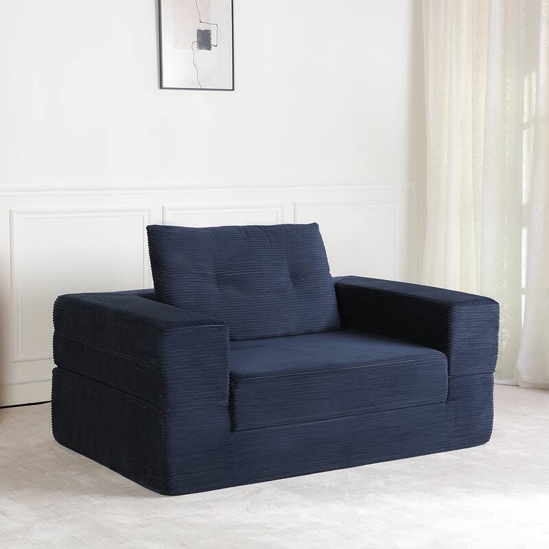 Compression Human Dog Sofa Bed for Adult & Pets, Modern Floor Couch With Pillow for Living Room Bedroom, Corduroy Fabric - Dark Blue