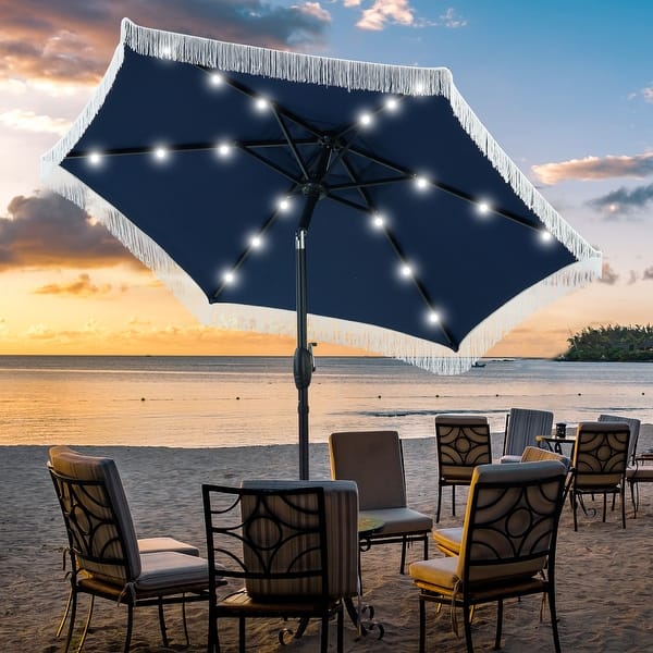 black patio umbrella with solar lights Ainfox 7FT Outdoor Patio Umbrella with Tilt Fringe Tassel Umbrella with LED Solar Lights