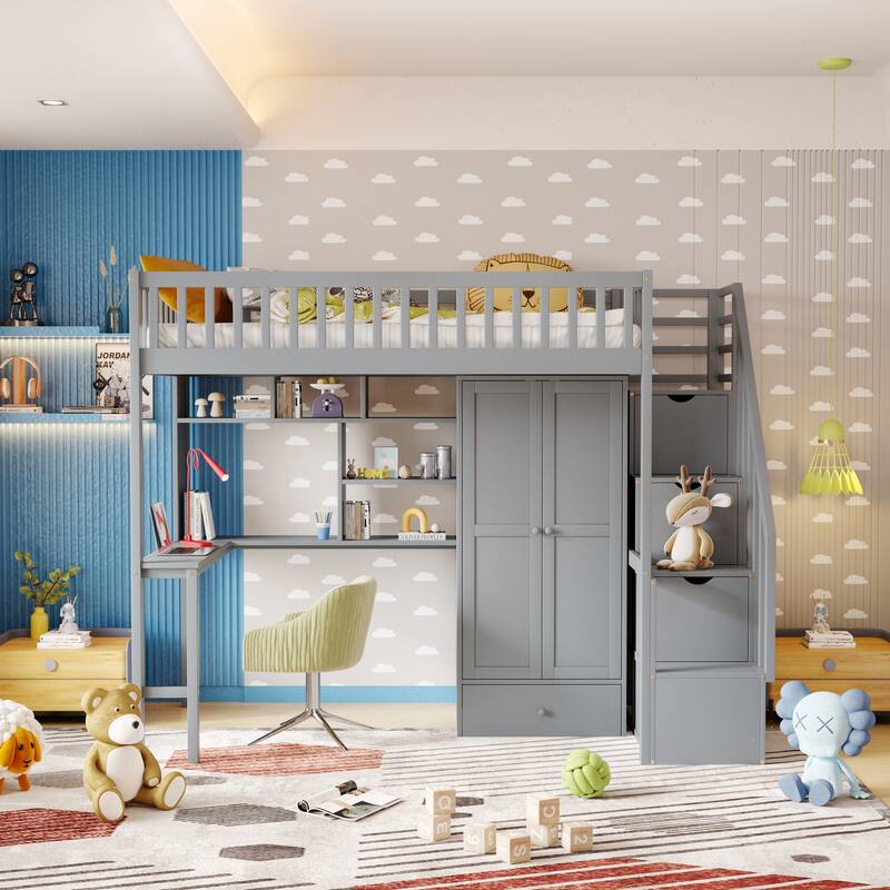 Modern Twin size Loft Bed with Bookshelf,Drawers,Desk,and Wardrobe - Grey - Twin