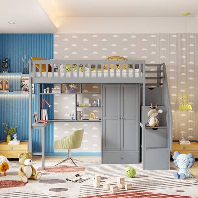Modern Twin size Loft Bed with Bookshelf,Drawers,Desk,and Wardrobe