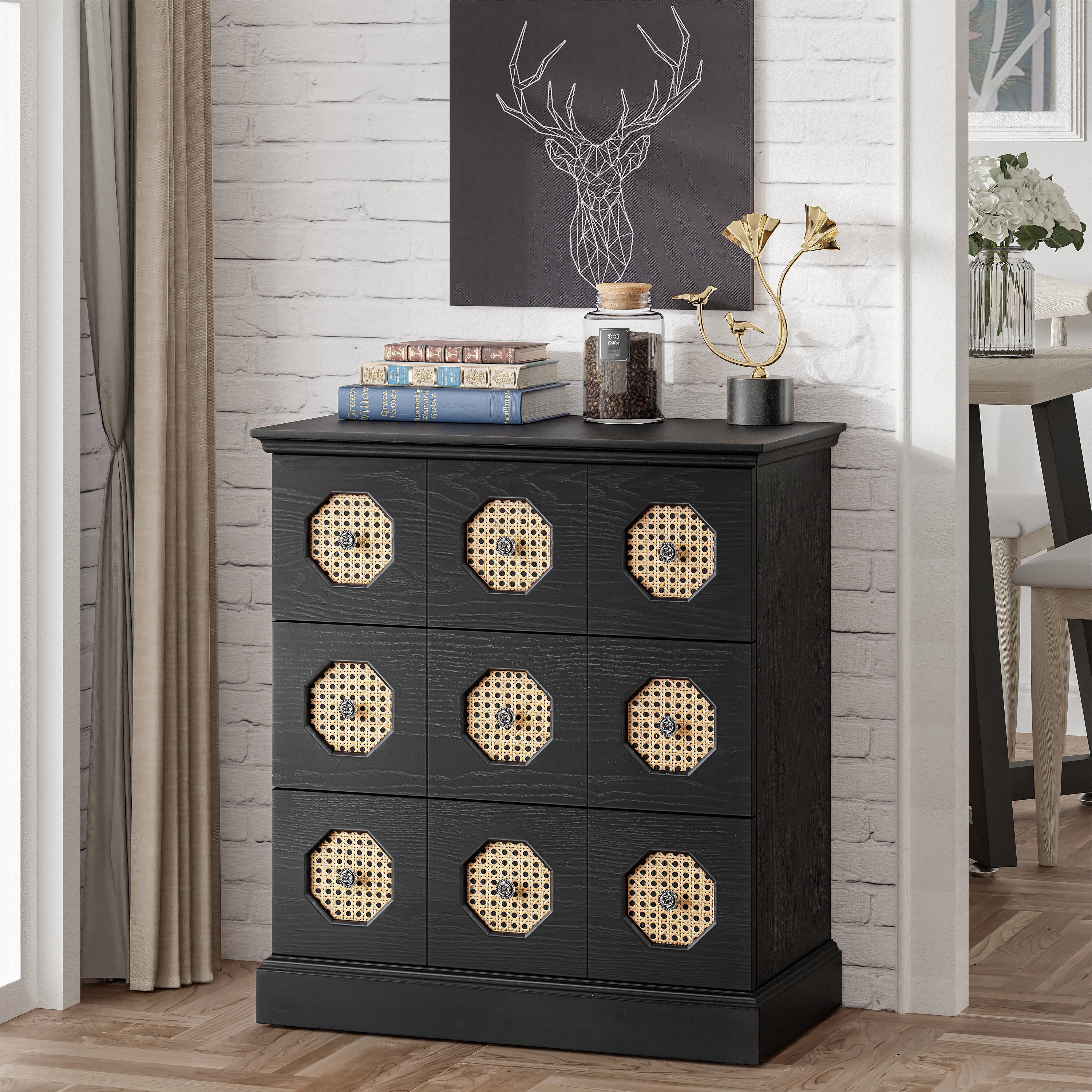 COZAYH Farmhouse Rattan 3-Drawer Dresser, Fully-Assembled Retro Chest of  Drawers with Octagonal Rattan Patterns, Black