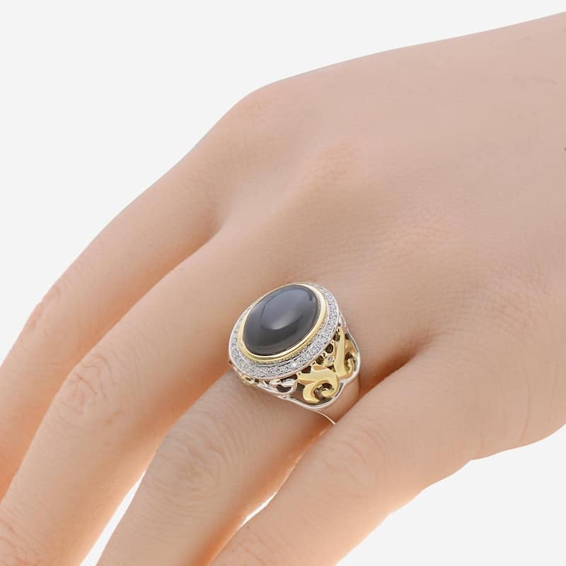 Charles Krypell Sterling Silver and 18K Yellow Gold, Grey Moonstone and White Diamond Statement Ring Sz. 6.75