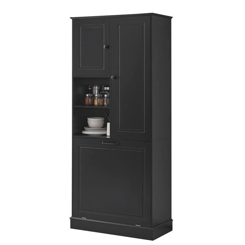 Tall Storage Cabinet with Adjustable Shelves, Large Flip-Out Basket & Enclosed Cabinets