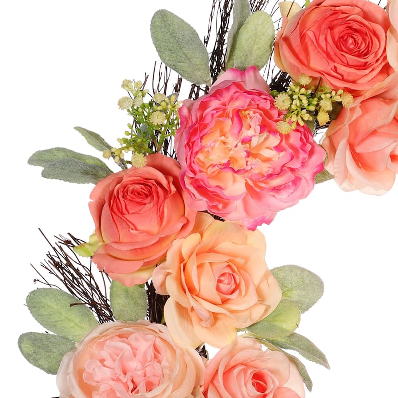 Peony and Rose Floral Artificial Spring Wreath, 24-Inch, Unlit