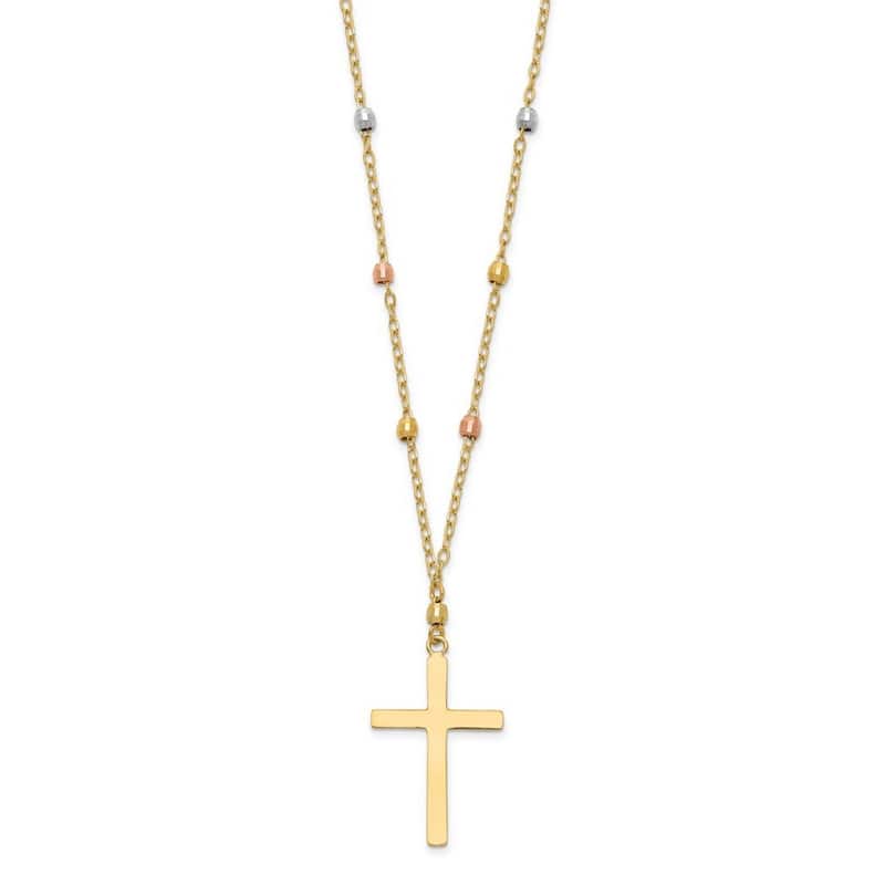 Curata 14k Tri Colored Gold Beaded 12mm x 20mm Cross Necklace, 18"