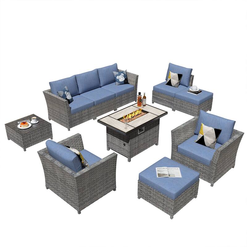 HOOOWOOO 10-piece Outdoor Furniture Rattan Sectional Set with Fire Pit Table.
