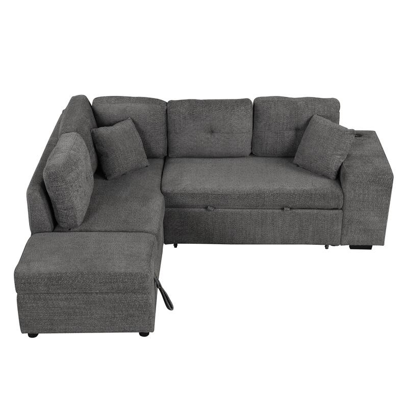 87.7" Convertible Sleeper Sofa Bed with Storage, 2 Pillows, 2 Stools, Charger & USB Ports, Dark Gray, Chenille