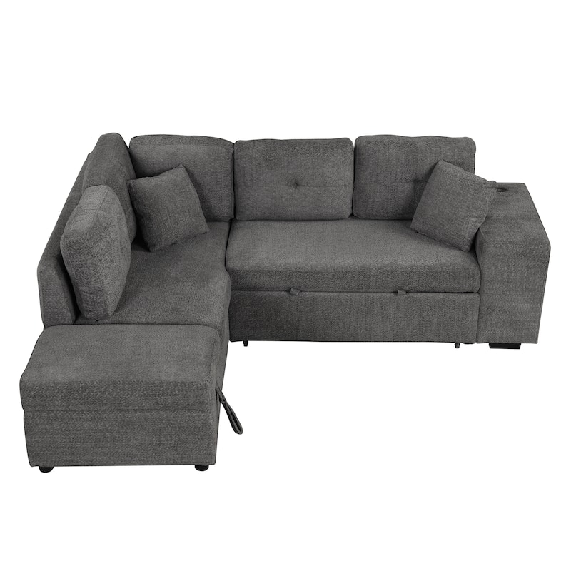 Roomfitters Convertible Sleeper Sectional Sofa Bed with Storage Ottoman, Two Throw Pillows, Two Stools, Wireless Charger