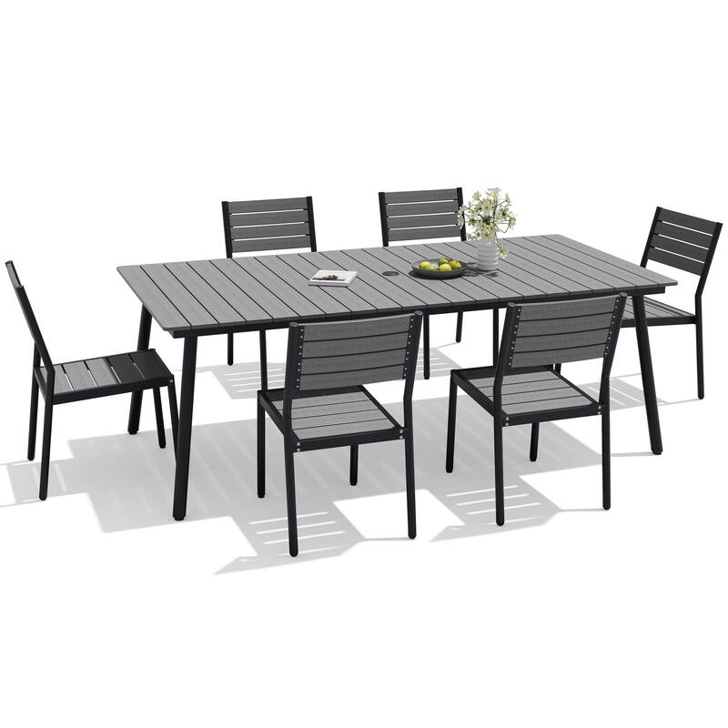 7-Piece Outdoor Patio Dining Set Wood-Like Table Top Alumium Umbrella Hole Table with Stackable Armless Dining Chairs