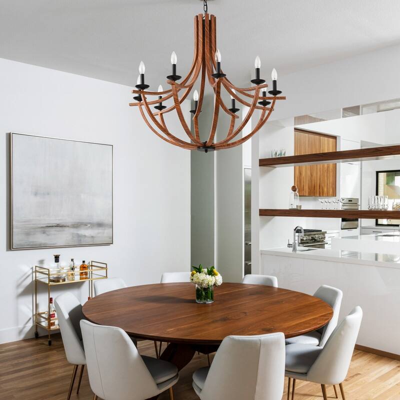 Modern Farmhouse Chandelier Candle Style Retro Wood Grain Chandelier
