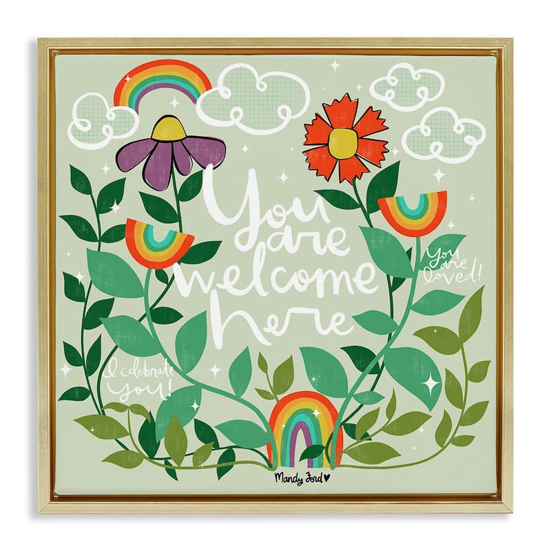 Stupell Comforting Welcome Here Phrases Framed Floater Canvas Wall Art Design By Mandy Ford Art + Illustration - 25 x 25 - Gold