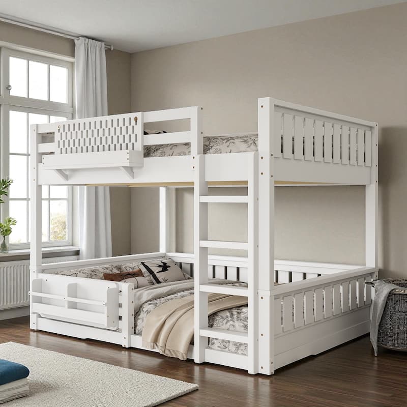 Queen over Queen Bunk Bed with Ladder, Guardrails, Pegboard Storage & Built-In Bookshelf, Solid Wood Frame - White - Queen