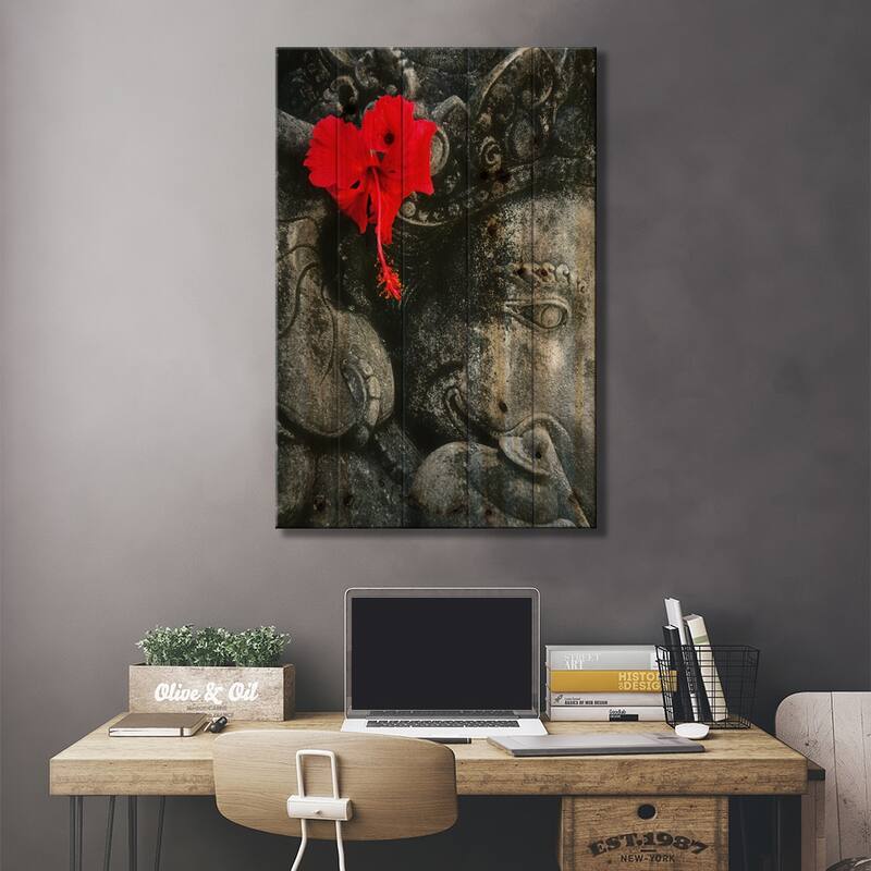 Ganesh Holy Hindu God Statue Print On Wood by Unknown Artist - Multi-Color