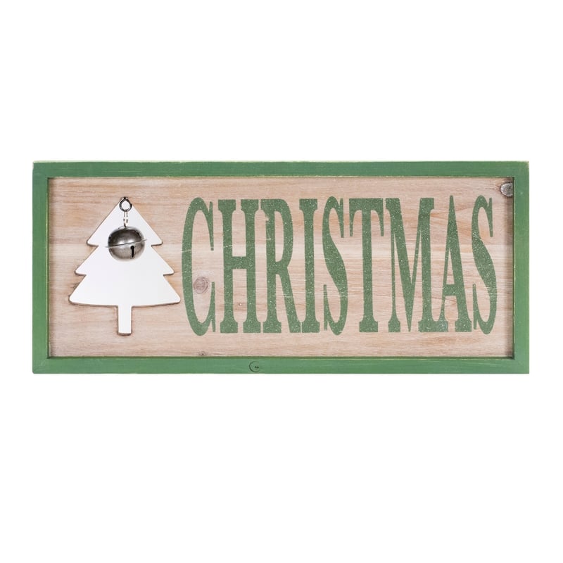 Wooden Framed Christmas Bell Wall Sign - 18" - Green and Brown