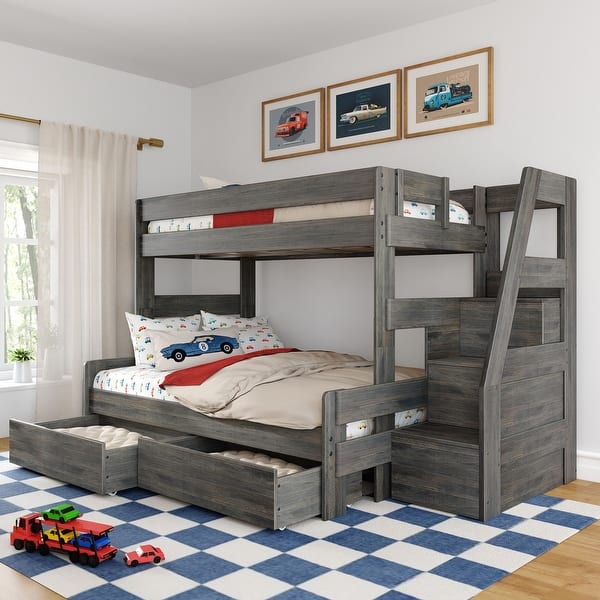 slide 2 of 16, Max and Lily Modern Farmhouse Twin Over Full Bunk Bed With Staircase and Storage Drawers Driftwood