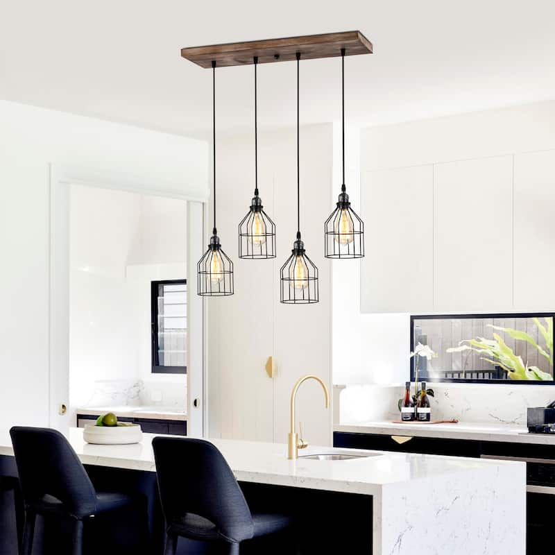 Malai Farmhouse Kitchen Island Chandelier Wood Grain Finish Metal Matte Black Lighting - Matte Black and Wood Grain