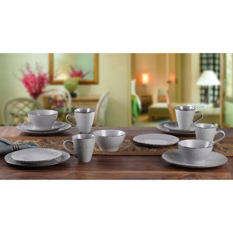 Lorren Home Trends 16 Piece Stoneware Scroll Dinnerware Set-Gray
