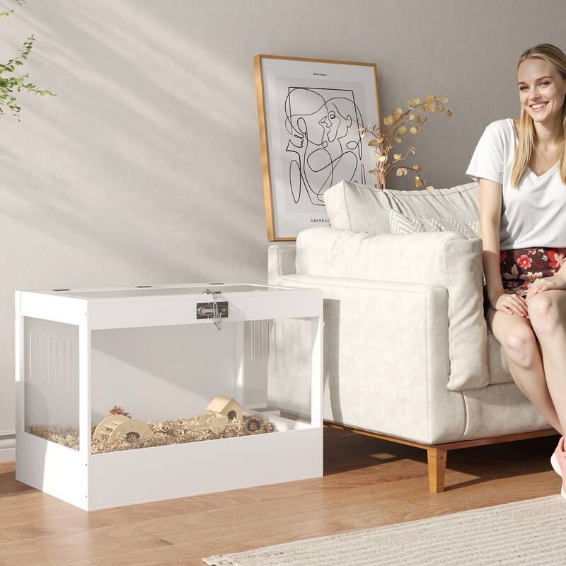 White MDF Hamster Cage with Hut, Ladder and Seesaw for Small Pets - 31.5" L x 19.7" W x 22.8" H - White