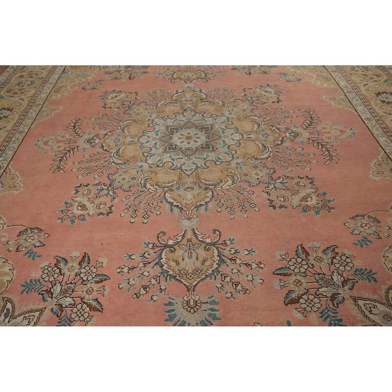 Pink Tabriz Vintage Persian Area Rug Handmade Wool Carpet - 9'9" x 13'0"