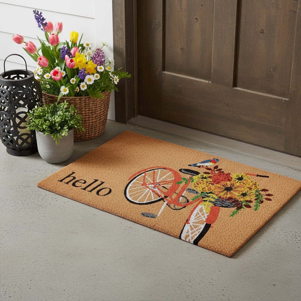HomeRoots 17" X 29" Brown And Orange Bicycle Floral Hello Outdoor Coir Door Mat - 17.00' X '29.00