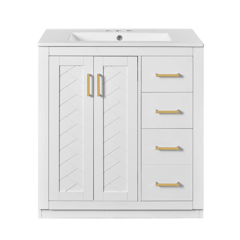 Roomfitters 30" Vanity with Ceramic Sink, Solid Wood Freestanding Cabinet with 3 Drawers and Soft Closing Doors